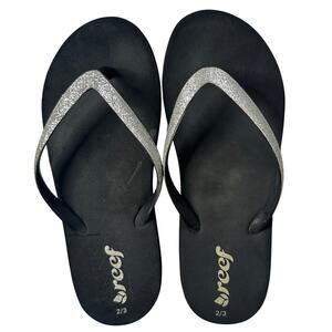 Reef Girls Youth 2 3 Black Silver Glitter Flip Flops Beach Pool Summer Sandals